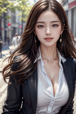 (masterpiece, Best Quality, photorealistic, ultra-detailed, finely detail, high resolution, 8K wallpaper), a close-up portrait of 1 beautiful woman, standing in the city, earrings, necklace, smiling happily, light-brown messy long hair, in black business suit, white collared shirt, unbuttoned, sharp-focus, large-sized breasts, perfect dynamic composition, beautiful detailed eyes, detailed hair, detailed realistic skin texture, a cover of a fashion magazine, professional photography, ,xxmix_girl