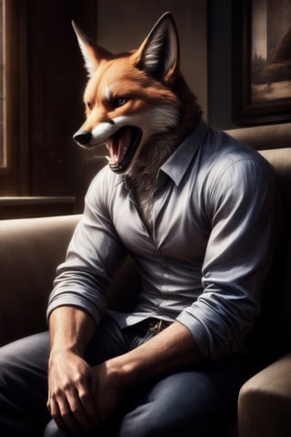 furry fox man in a plain shirt and business coat,sitting on the sofa,yelling face,hands on couch,upper body,room backround, high contrast, (8K UHD:1.2), (photorealistic:1.2),(masterpiece:1.4), (best quality:1.4),extremely detailed wallpaper, highly detailed illustrations, , (super-complex details) , 4K unified, (masterpiece:1.2), (best quality:1.2), (masterpiece), ((furry)),best detailed eyes,fit,