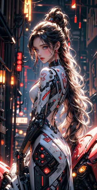 {{master piece}},best quality,illustration,1girl,small breast,beatiful detailed eyes,beatiful detailed cyberpunk city,flat_chest,beatiful detailed hair,wavy hair,beatiful detailed steet,mecha clothes,robot girl,cool movement,sliver bodysuit,{filigree},dargon wings,colorful background,a dragon  stands behind the girl,rainy days,{lightning effect},beatiful detailed sliver dragon arnour,（cold face）