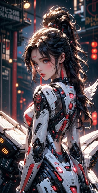 {{master piece}},best quality,illustration,1girl,small breast,beatiful detailed eyes,beatiful detailed cyberpunk city,flat_chest,beatiful detailed hair,wavy hair,beatiful detailed steet,mecha clothes,robot girl,cool movement,sliver bodysuit,{filigree},dargon wings,colorful background,a dragon  stands behind the girl,rainy days,{lightning effect},beatiful detailed sliver dragon arnour,（cold face）