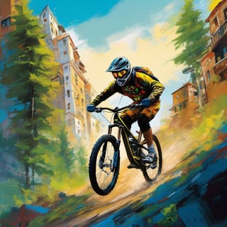 masterpiece, mountain biker, downhill racing, city environment