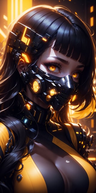 1girl, solo, long hair, looking at viewer, bangs, black hair, hair ornament, yellow eyes, upper body, hairclip, shiny, orange eyes, parted bangs, eyelashes, mask, headgear, portrait, science fiction, yellow theme, cyberpunk