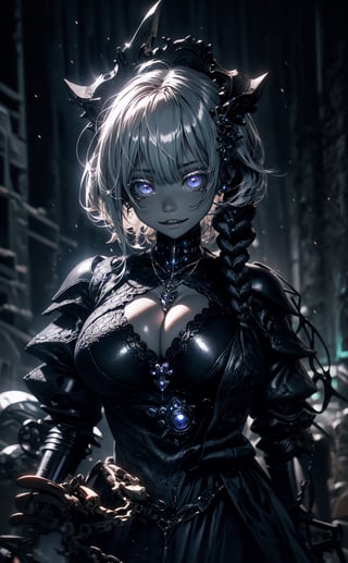 beautiful little girl, bone power armor made of joints , dark skin, ((githuc style)), (big tit), mechanical eye, ( spicy power armor little girl gothic style), mascara , best quality, sharp even fangs , teeth ,light, rain
