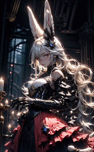 (masterpiece, best quality), intricate details, 8k, artstation, wallpaper, official art, splash art, sharp focus, (anthro rabbit girl, rabbit ears:1.2),, (1girl), full body fur, white fur, white rabbit ears, white hair, red eyes, petite, thin figure, small breasts, long flowing white hair, messy hair, mage, arcane ritual, snowy forest, trees, floating magical tome, War_Glam, wearing War_Glam, black armor, silver filigree, pauldrons, armored skirt,
