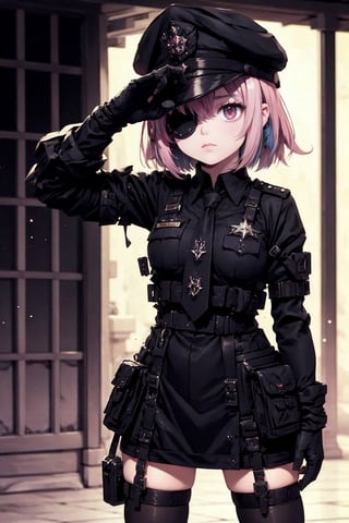 Highly detailed and realistic CG, Colorful, Masterpiece, Best Quality, jewel-like eyes, 1girl, solo, cute girl, pink hair, midium hair, military suits, military cap, black elbow gloves, black tights, salute, amber eyes, necktie, eye patch,
