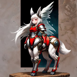 female_solo, albino centaur, curvaceous, Craft an extraordinary high-resolution image masterpiece with super-realistic photorealism. Depict a fearsome female warrior adorned in a magical fantasy-style glass-like fantasy world wolf design red and black full-body knight armor suit. Integrate fantasy elements such as a wolf design, ,F41Arm0rXL


