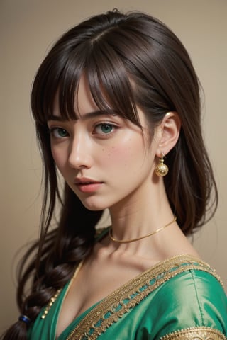 Protrait, photograph, androgynous hunnuman, oval jaw, delicate features, beautiful face, dreadlocked hair, long bangs, long ponytail, bright blue-green eyes, hindu art, Korean