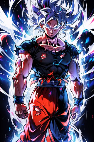 son goku, 1boy, solo, male focus, white hair, white aura, ripped clothes, grey eyes,ultrainstinct, muscular male