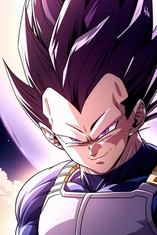 1boy, solo, male focus,UE_vegeta, purple hair, purple eyes, spiked hair, smile, no eyebrows,