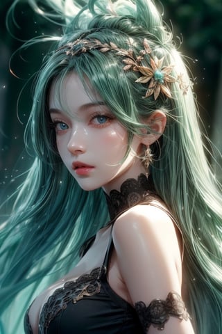 masterpiece, best quality, ultra detailed, cute, beautiful, 1 girl, Detailedface, petite, big_breasts, Close-up view. (dynamic pose), (random pose), black vintage dress, half black (top) and half green hair (bottom), blue orange eyes, cute_eyes, detailed pine forest, (high detailed skin:1.2),8K UHD,dslr,soft lighting,high quality,film grain, Fujifilm XT3,1 girl, yuzu,