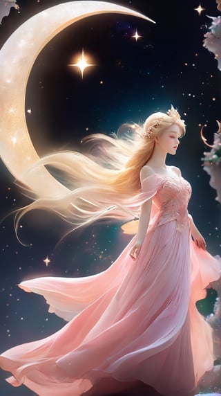 a woman in a pink dress standing in front of a moon, stunning 3d render of a fairy, magical fairy floating in space, beautiful fantasy painting, very beautiful fantasy art, beautiful fantasy art, beautiful fantasy maiden, blonde girl in a cosmic dress, fairy cgsociety, astral fairy, digital fantasy art ), cgsociety 9, by Nele Zirnite