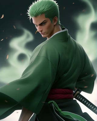 Angry roronoa zoro,女孩,旗袍,Dream, Green kimono, black hachimaki, three swords , in the style of yuumei, realistic hyper - detailed rendering, yumihiko amano, zhang jingna, wiccan, trace monotone, rtx on ,細緻的背景,indian boy, various poses , 1boy, onepiece anime, hell King roronoa Zoro with three sword ⚔️, katanas, katana,