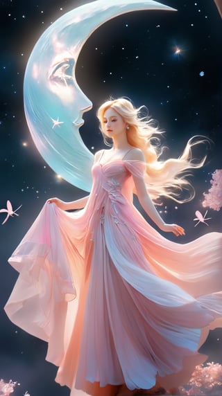 a woman in a pink dress standing in front of a moon, stunning 3d render of a fairy, magical fairy floating in space, beautiful fantasy painting, very beautiful fantasy art, beautiful fantasy art, beautiful fantasy maiden, blonde girl in a cosmic dress, fairy cgsociety, astral fairy, digital fantasy art ), cgsociety 9, by Nele Zirnite