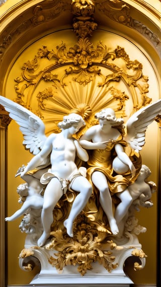 a gold and white sculpture of angels surrounded by angels, mat collishaw, baroque wallpaper, baroque marble and gold in space, baroque aesthetics, lavish rococo baroque setting, intricate rococo ornamentation, flesh highly baroque ornate, rococo and baroque styles, in a luminist baroque style, luminist and baroque style, baroque art style, black metal rococo