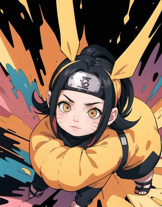 ((Naruto Uzumaki Riding a giant fat fluffy cat)) , shining eyes , twin_braid , black hair , little girl, 7 years Naruto, simple wearing headband and orange robe, intricate details, 32k digital painting, hyperrealism, (vivid color),(abstract background:1.3), (colorful:1.3), (flowers:1.2), (zentangle:1.2), (fractal art:1.1) , parted bangs, SUPER HIGH quality, in 8K , intricate detail, ultra-detailed,chibi, Naruto clear head band, village leaf ninja, head_band 