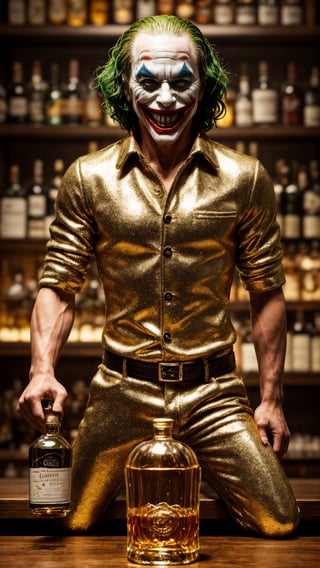 Highly detailed, High Quality, Masterpiece, beautiful, DisintegrationEffect a gold and goldy white sculpture of pure joker in bar brinking expensive whiskey,High detailed ,glitter, glitter_force, smiling with gently 