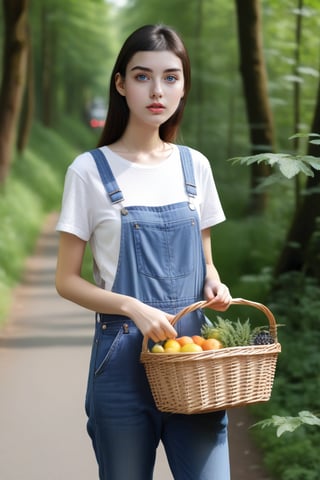 Cat wearing overalls and carrying a basket, street style, wearing blue jeans, white T-shirt with transparent/translucent effect, forest style, stripes, urban street life scene, -ar 9:16, long legs and hot body, more Multi-detail XL