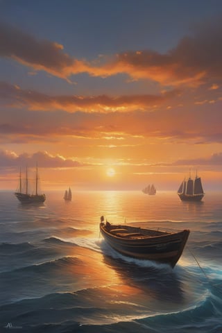 Contrast is achieved through the juxtaposition of warm and cool colours. The warm, fiery tones of the sunset contrast with the cool, serene shades of the ocean. Additionally, the contrast in scale between the immense sun and the tiny boat accentuates the grandeur of nature., Watercolor, trending on artstation, sharp focus, studio photo, intricate details, highly detailed, by greg rutkowski