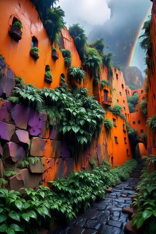 ancient city between the rocks, orange wall material, hyper realistic, dslr photo, sophisticated architecture, impossible shapes, lush vegetation, catchy colors and deep light, many small and colorful details and details, careful detailing of structures,raining,rainbow