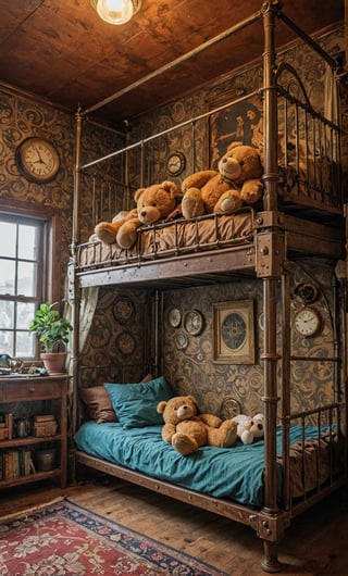 bunk bed in a cozy steampunk room, vibrant colors, Studio Ghibli, StdGBRedmAF, linear,two Teddy bear sleeping on bed