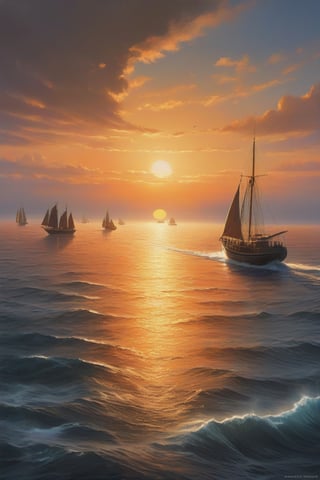 Contrast is achieved through the juxtaposition of warm and cool colours. The warm, fiery tones of the sunset contrast with the cool, serene shades of the ocean. Additionally, the contrast in scale between the immense sun and the tiny boat accentuates the grandeur of nature., Watercolor, trending on artstation, sharp focus, studio photo, intricate details, highly detailed, by greg rutkowski