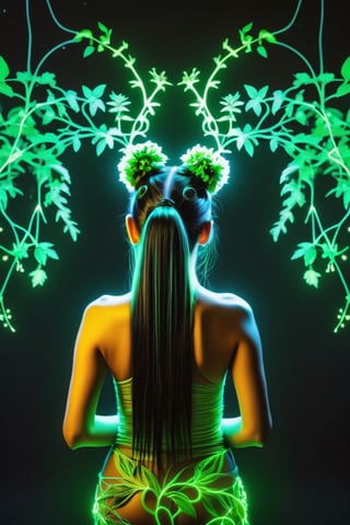 ((Ultra Long Exposure Photography)) Indian woman with long black hair in space buns. She is the goddess of horticulture. She’s covered in millions of microscopic fibers, ultra bright neon strings emanating from her body. beautiful backlit silhouette, high detailed, covered in neon vines and leaves and futuristic flora. Green color palette.