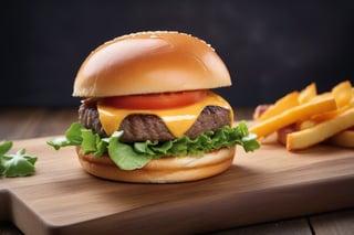 A mouth-watering closeup magazine quality shot, Gourmet Burger with a juicy beef patty, melted cheddar cheese, fresh lettuce, tomato, and a toasted brioche bun on a wooden board. High resolution photography in the style of professional color grading, soft shadows, high-quality food photography, advertising commercial photography