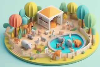 3D cartoon illustration of a toy zoo with various animals, zookeepers, and visitors on a white background, soft color tones and vibrant colors, cute simple minimalistic design with bright color tones and low contrast, isometric perspective soft shadows, colorful style

