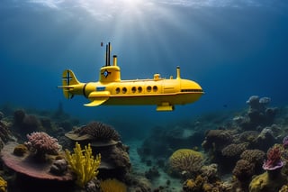 A yellow submarine sails through the depths of the ocean panoramic photo of the submarine with all the vegetation or marine fauna