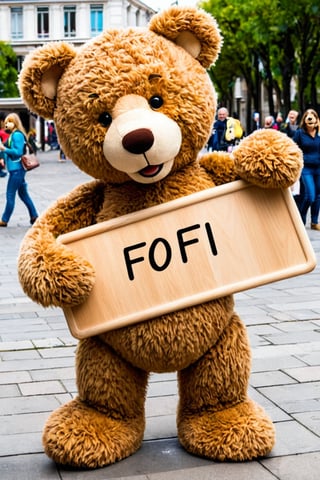 a big Teddy bear holding a board with the text saying "FOFI" smiling, daytime