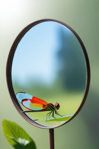 A beautiful and large colorful butterfly is reflected in a mirror and what is seen on the other side is the shape of a dragonfly