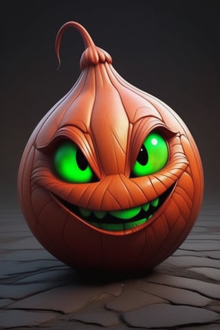 horror dark realistic, onion creature smile, simple background , sandstone asphalt cracked, by, form, cold orange green red theme,s fx-monsters-xl-meatsack,LegendDarkFantasy,Disney pixar style