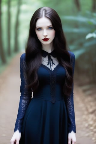 Gothic girl with very white pale skin, red lips and dark brown hair, blue eyes, she comes from Argentina and is very beautiful