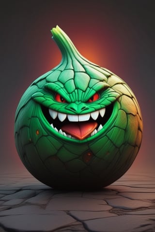 horror dark realistic, onion creature smile, simple background , sandstone asphalt cracked, by, form, cold orange green red theme,s fx-monsters-xl-meatsack,LegendDarkFantasy,Disney pixar style