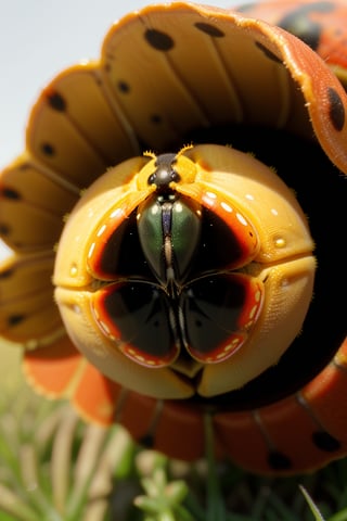 Close up photo of a ladybug with red shell and black spots, looking at the camera, meadow background at midday, macro photography, hdri, vibrant colors, in the style of National Geographic, intricate details, Nikon D50 camera, bright noon light