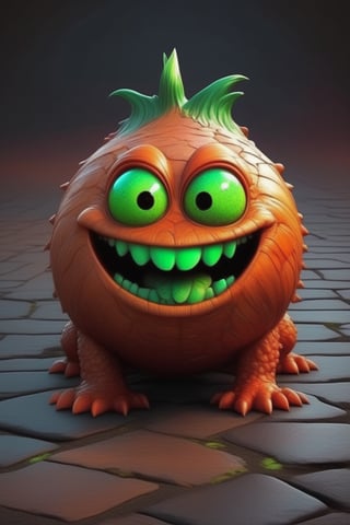 horror dark realistic, onion creature smile,and little poodle monster, simple background , sandstone asphalt cracked, by, form, cold orange green red theme,s fx-monsters-xl-meatsack,LegendDarkFantasy,Disney pixar style