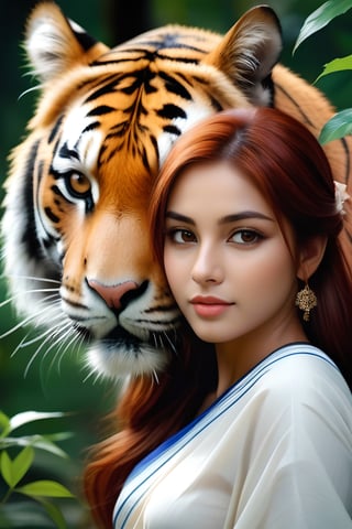 oil painting style, best quality, detailed face, full figure, a half-hybrid girl with a tiger, she has ears like a tiger and a tail like a tiger , the rest of her body is human, she has beautiful red hair, a beautiful symmetrical face with an innocent cut, she is in the forest, she has beautiful black eyes, wearing a floral print white saree dress, she is with other animals symmetrical, vibrant, style artwork, highly detailed CG, 8k wallpaper, beautiful face, full scene, full body shape