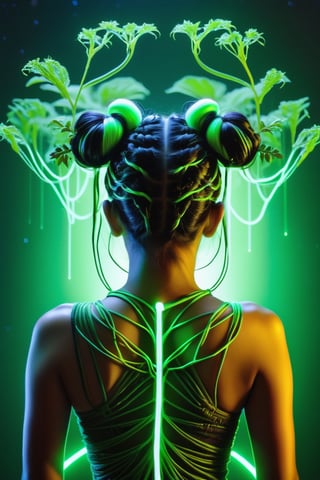 ((Ultra Long Exposure Photography)) Indian woman with long black hair in space buns. She is the goddess of horticulture. She’s covered in millions of microscopic fibers, ultra bright neon strings emanating from her body. beautiful backlit silhouette, high detailed, covered in neon vines and leaves and futuristic flora. Green color palette.