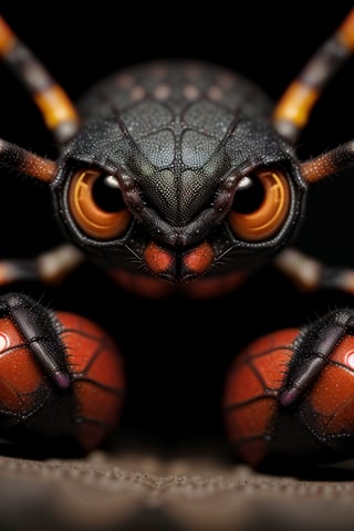 Close up photo of a spider with red and black body, looking at the camera, cave background at dusk, macro photography, hdri, vibrant colors, in the style of National Geographic, intricate details, Nikon D50 camera, low evening light