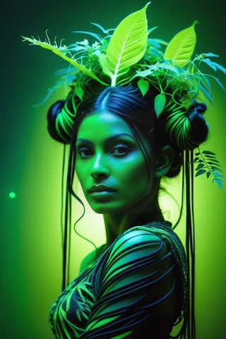 ((Ultra Long Exposure Photography)) Indian woman with long black hair in space buns. She is the goddess of horticulture. She’s covered in millions of microscopic fibers, ultra bright neon strings emanating from her body. beautiful backlit silhouette, high detailed, covered in neon vines and leaves and futuristic flora. Green color palette.,photo r3al