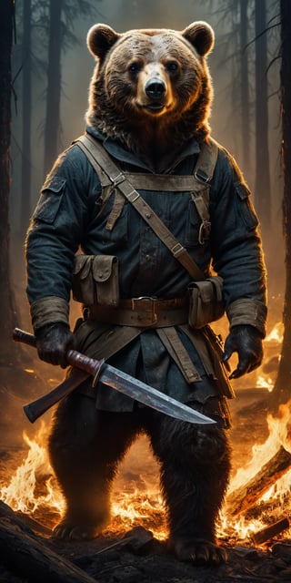 Award-winning photographer captures a hauntingly realistic image of a fierce little
Bear, its snarling face illuminated by the (faint glow of a fire:1.2). Holding a machette,  Framed against a dark, battleground background, dressed as a (mercenary:1.3), textured fabrics and weapons, his menacing gaze seems to pierce through the shadows. Vietnam Era-inspired textures bring realism to its clothes and skin, while an eerie stillness in the air hints at a battle-scarred past.