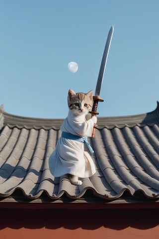 Long shot of character, movie style, on the tile roof, a cute kitten ((sword in hand, flying forward, feet off the roof)), wearing ancient Chinese robe, flowing robe, bright moon in the sky, Chinese martial arts style