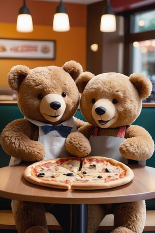 Prompt
Two Teddy bears enjoying a casual meal together at a restaurant, sharing laughter and pizza. One bear is holding a slice of pizza, while the other has him hand on the table. They are both smiling, suggesting a friendly and relaxed atmosphere. The background features other patrons and a menu board, indicating they are in a public dining setting.