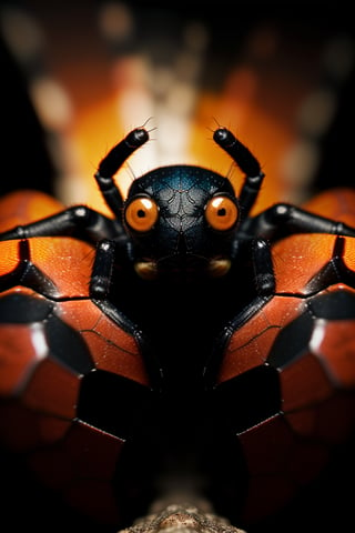 Close up photo of a spider with red and black body, looking at the camera, cave background at dusk, macro photography, hdri, vibrant colors, in the style of National Geographic, intricate details, Nikon D50 camera, low evening light