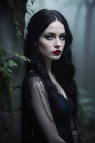 A moody, atmospheric shot of a stunning Argentinean Gothic beauty. The subject's extremely pale skin glows against the dark, misty background, while her vibrant red lips stand out like a beacon. Her raven-black locks cascade down her back like a waterfall of night, framing her striking features. Her piercing blue eyes seem to gleam with an otherworldly intensity. The lighting is dim and mystical, casting long shadows across her face. She's posed against a crumbling stone wall or ancient tree, surrounded by overgrown foliage and eerie silence.