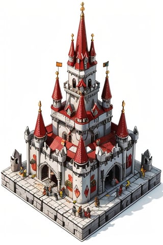 3D cartoon illustration of a toy medieval castle with knights, dragons, and peasants on a white background, soft color tones and vibrant colors, cute simple minimalistic design with bright color tones and low contrast, isometric perspective soft shadows, colorful style