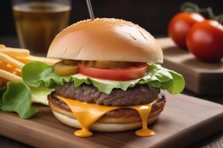 A mouth-watering closeup magazine quality shot, Gourmet Burger with a juicy beef patty, melted cheddar cheese, fresh lettuce, tomato, and a toasted brioche bun on a wooden board. High resolution photography in the style of professional color grading, soft shadows, high-quality food photography, advertising commercial photography