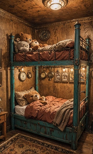 bunk bed in a cozy steampunk room, vibrant colors, Studio Ghibli, StdGBRedmAF, linear,two Teddy bear sleeping on bed