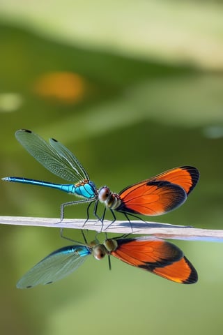 A beautiful and large colorful butterfly is reflected in a mirror and what is seen on the other side is the shape of a dragonfly