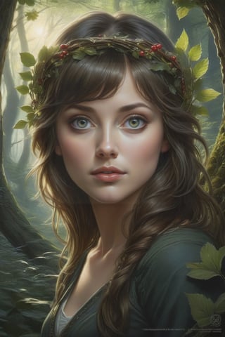 face of beautiful young woman with auborn hair and hazle eyes, looking at camera, art by aaron horkey, epic poster, forest, berries, watercolor painting, Jean-Baptiste Monge style, bright, beautiful in spring, splash, big perfect eyes, rim lighting, lights, magic, fa